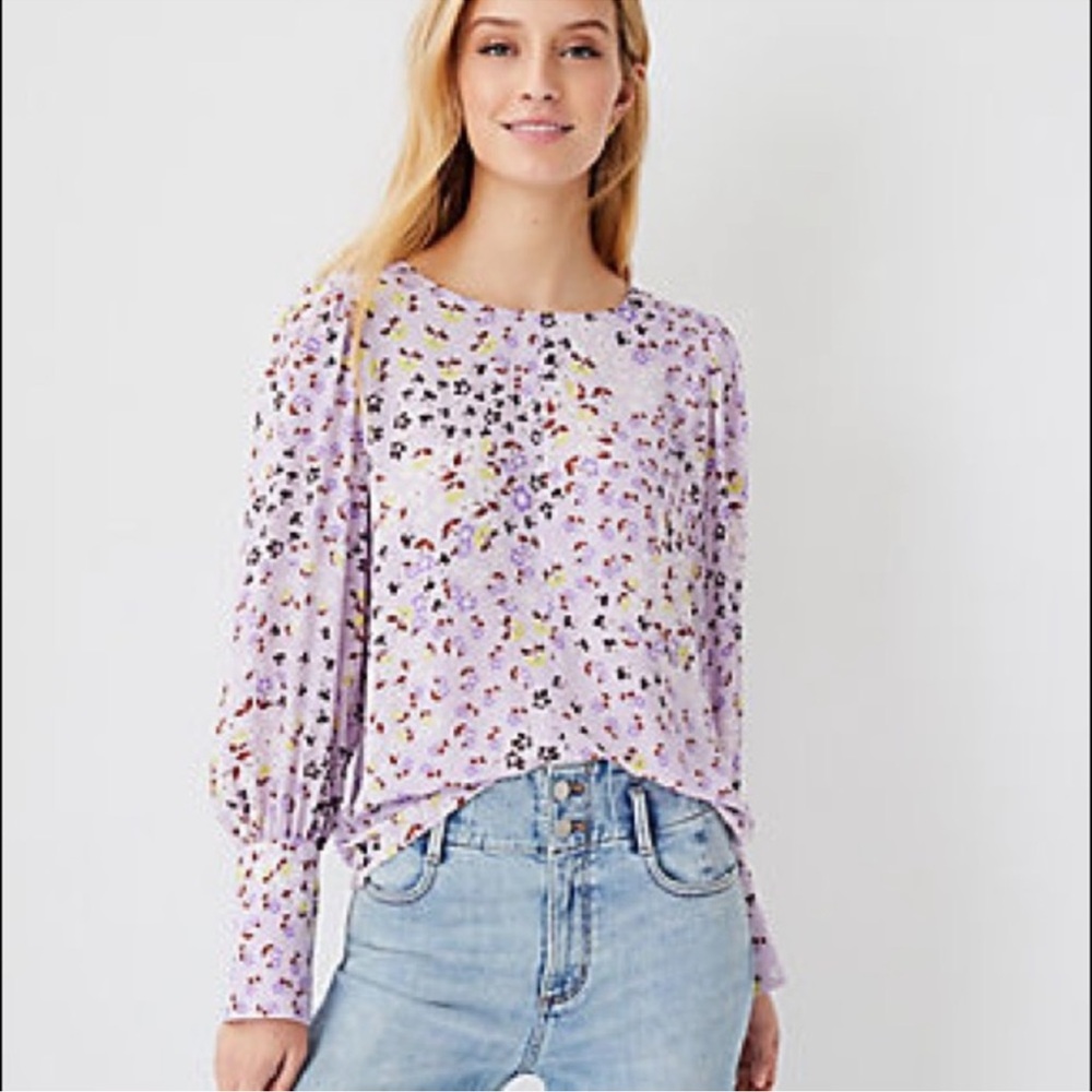 Ann Taylor Women's Floral Lavender Mixed Media Puff Sleeve Top XSP
